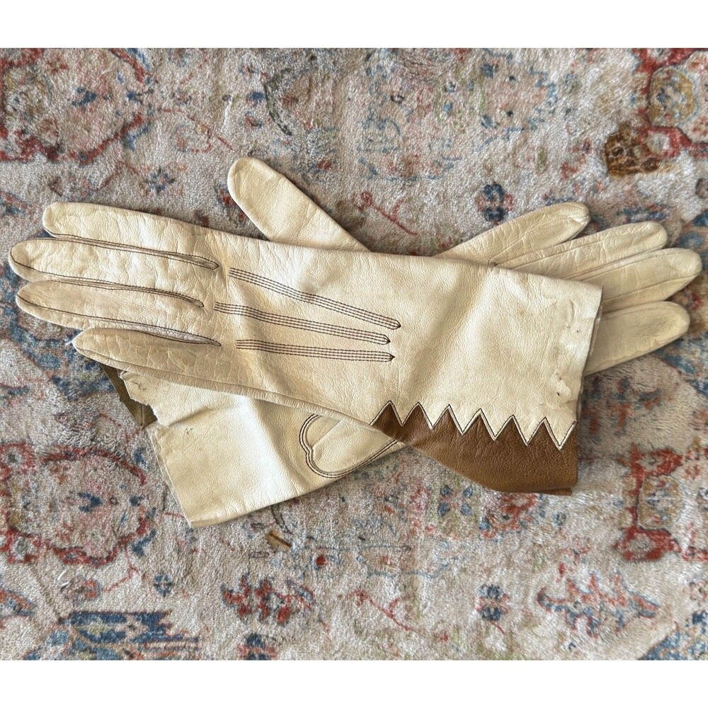 Alexette BACMO Washable Leather Gauntlet Driving Gloves 6 3/4 Ivory Brown VNTG